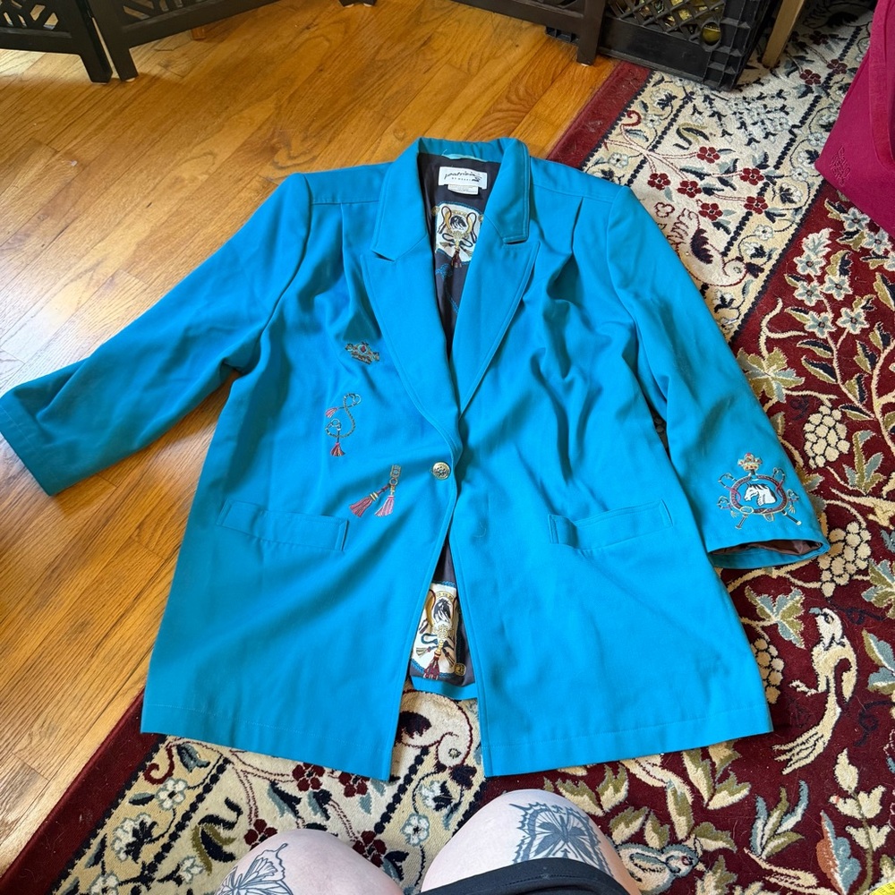 Plus size bright blue embroidered blazer